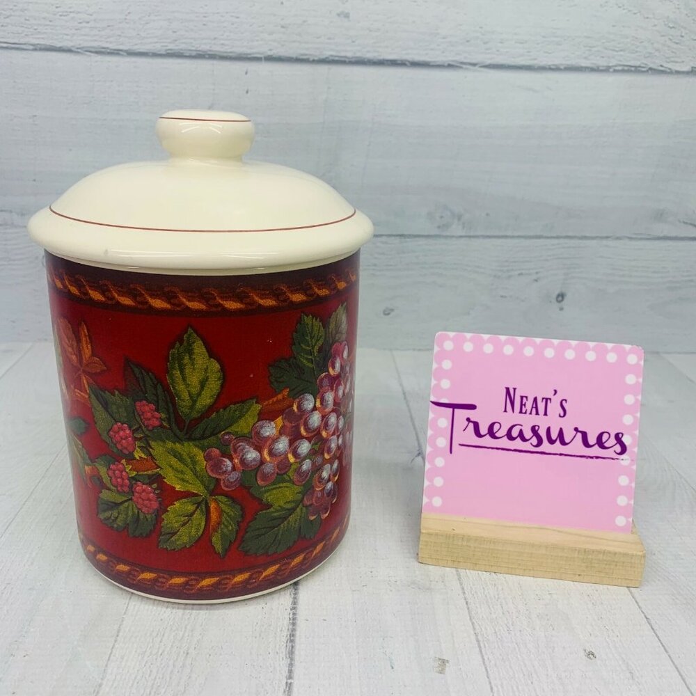 Raymond Waites CORNUCOPIA FRUIT GARLAND Red Stoneware Medium Lidded Canister Jar
